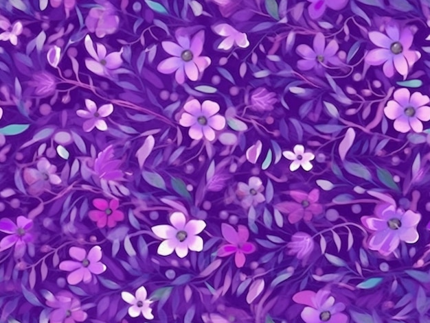 Purple flowers and leaves are scattered on a purple background generative ai