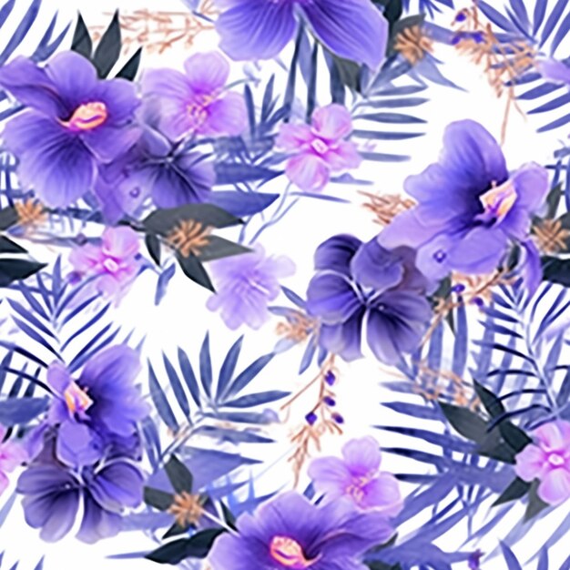 Purple flowers and leaves on a white background generative ai