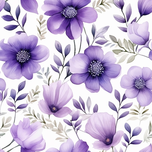 Purple flowers and leaves on a white background generative ai