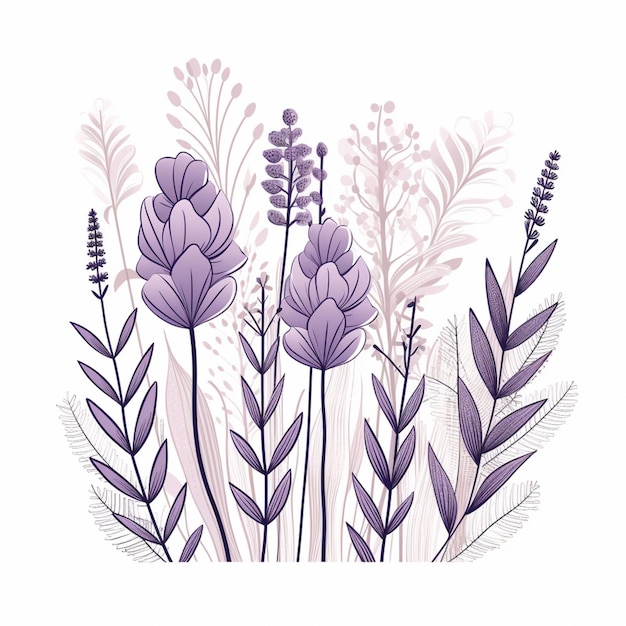 Photo purple flowers and leaves on a white background generative ai