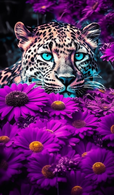 Purple flowers and a leopard with blue eyes are in the foreground generative ai