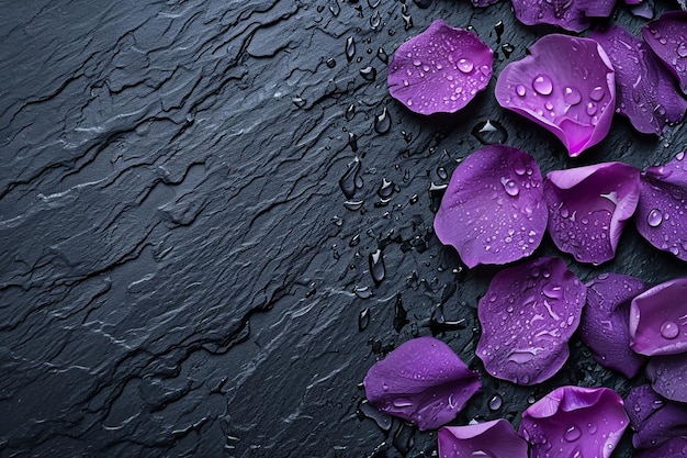 Фиолетовые цветы, помещенные на черную влажную каменную поверхность