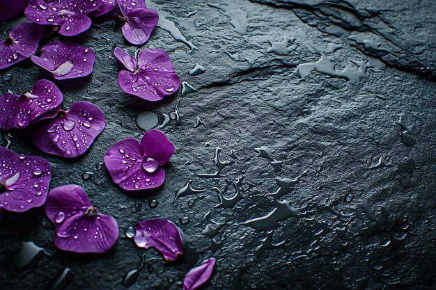 Foto fiori viola posizionati su una superficie di pietra netta e bagnata