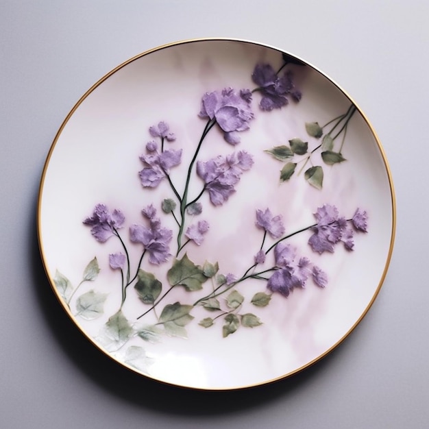 purple flowers on a plate with gold rim on a gray surface generative ai