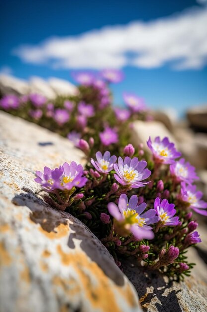 Purple flowers on a rock wall with a blue sky in the background