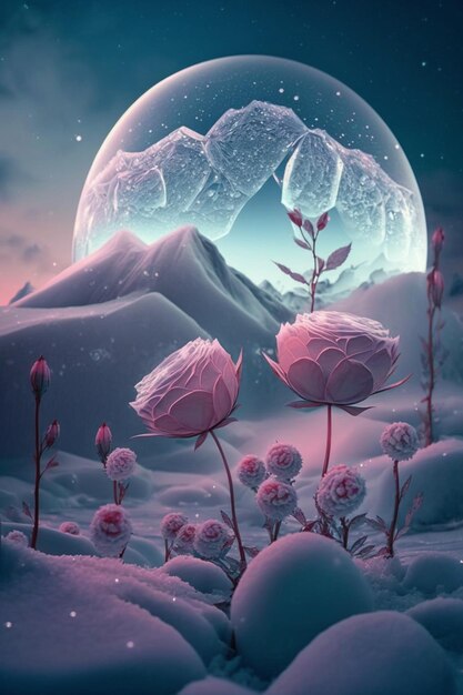 Purple flowers in the snow with a full moon background generative ai