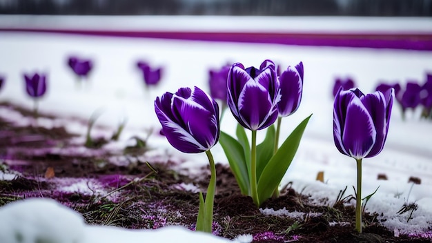 Фиолетовые цветы на снегу со словом "тюльпаны" внизу справа.