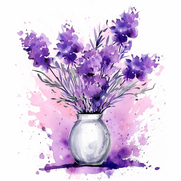 Purple flowers in a vase with watercolor splashs on a white background generative ai