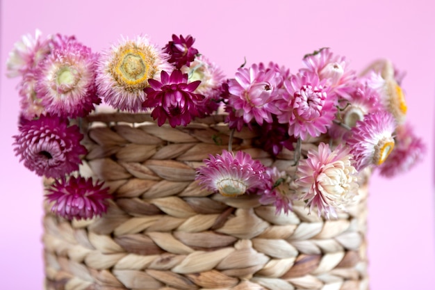 Purple flowers on water hyacinth hand made basket