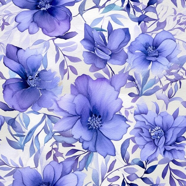 Purple flowers on a white background with blue leaves generative ai