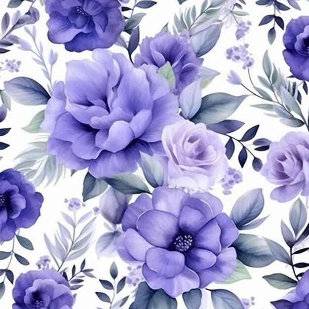 Purple flowers on a white background with green leaves and berries generative ai