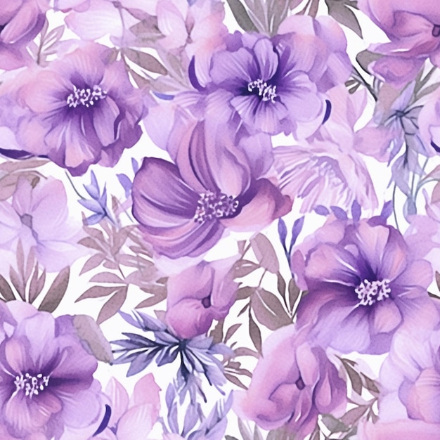 Purple flowers on a white background with green leaves generative ai