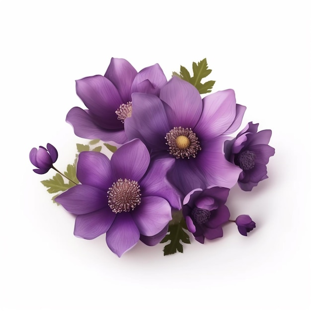 purple flowers on a white background with green leaves generative ai