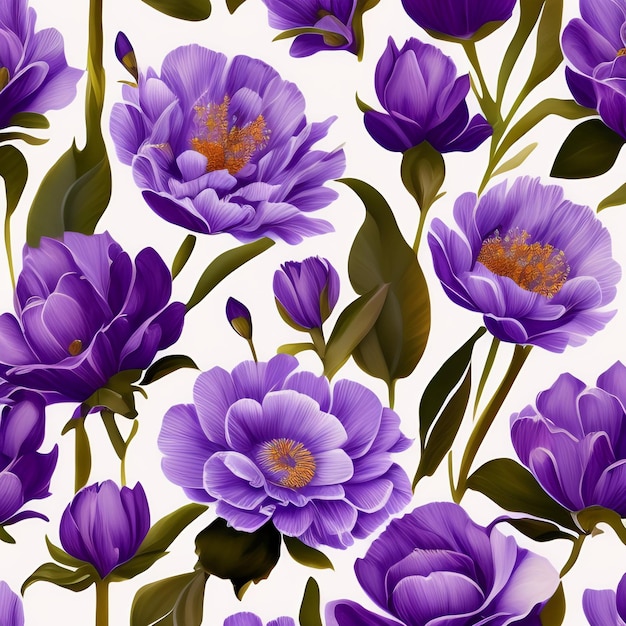 Purple flowers on a white background with green leaves