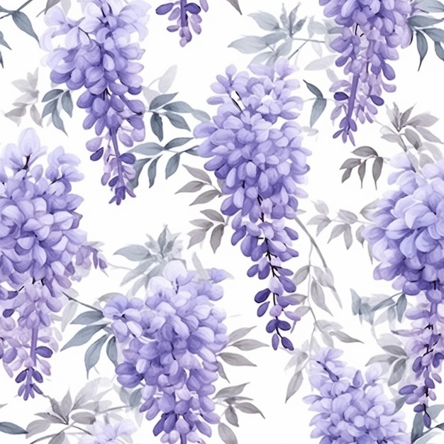 Purple flowers on a white background with leaves and branches generative ai