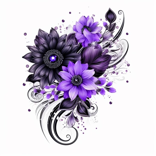 Photo purple flowers with black and white swirls and dots on a white background generative ai