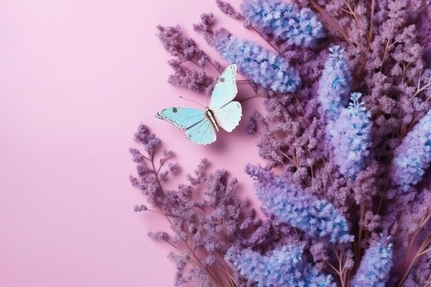 Foto fiori viola con una farfalla su uno sfondo viola