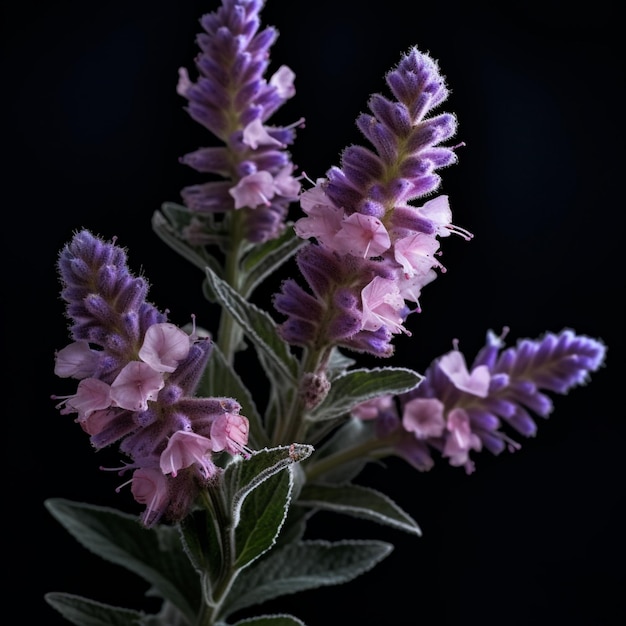 Photo purple flowers with green leaves and a black background