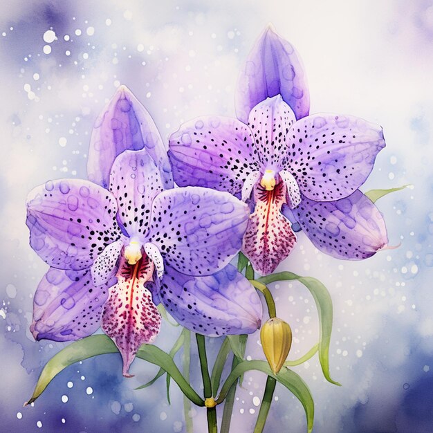 Purple flowers with green leaves in a vase with water droplets generative ai