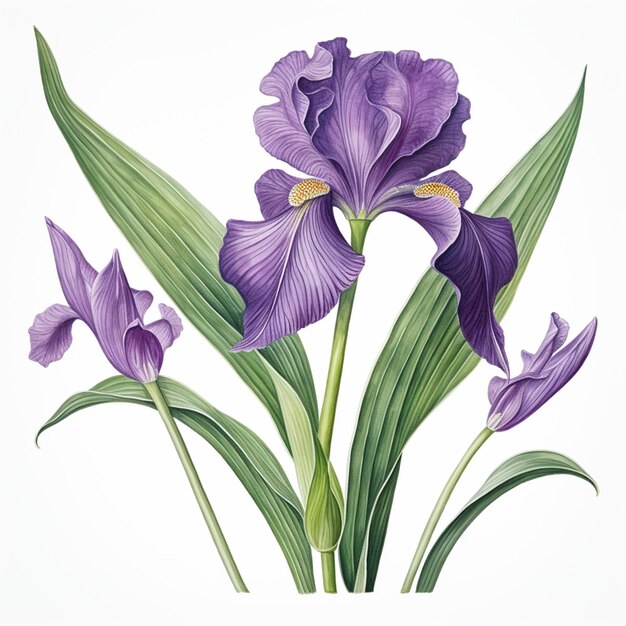 purple flowers with green leaves on a white background generative ai