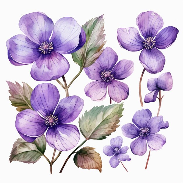 Purple flowers with green leaves on a white background generative ai