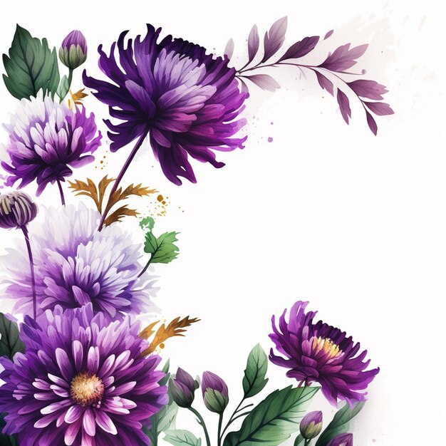 Purple flowers with green leaves on a white background generative ai