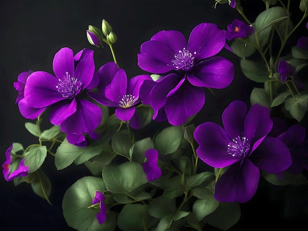 Purple flowers with green leaves and white buds