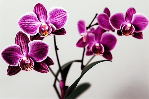 Purple flowers with petals on branch on light