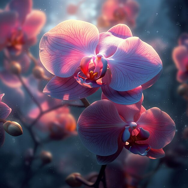 purple flowers with pink petals are in a dark room generative ai
