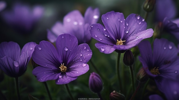 Фиолетовые цветы с каплями дождя на них