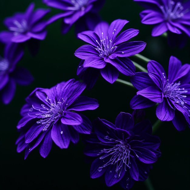 Показаны фиолетовые цветы с каплями воды на них