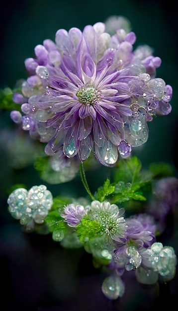 Purple flowers with water droplets on them are sitting a green background generative ai