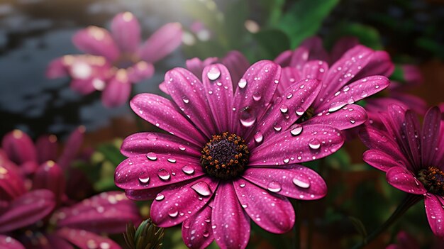 Photo purple flowers with water droplets on them in a garden generative ai