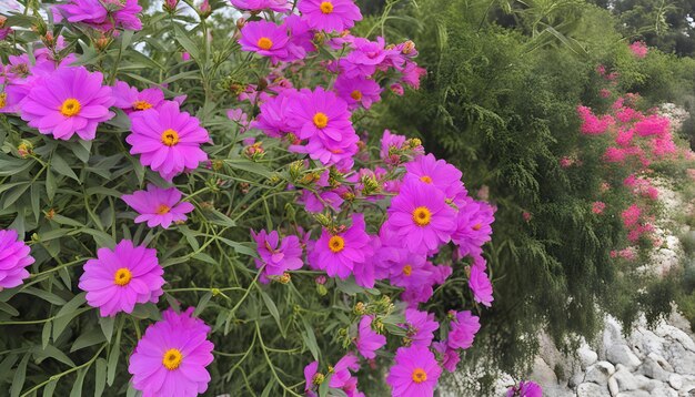 purple flowers with yellow centers are growing in a garden