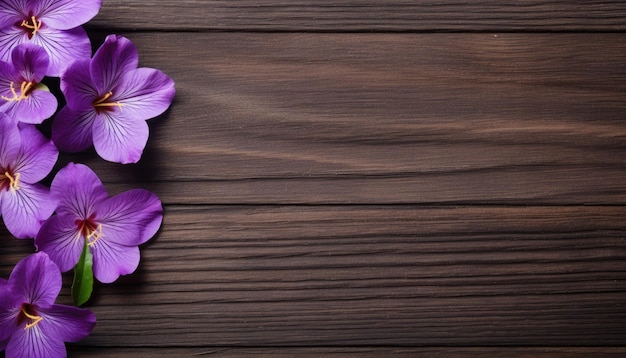 Purple flowers on wooden background with copy space for your text