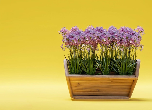 Purple flowers in a wooden planter with a yellow background.