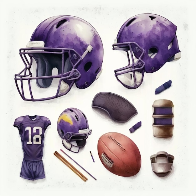 Purple football uniforms and equipment are arranged on a white background generative ai