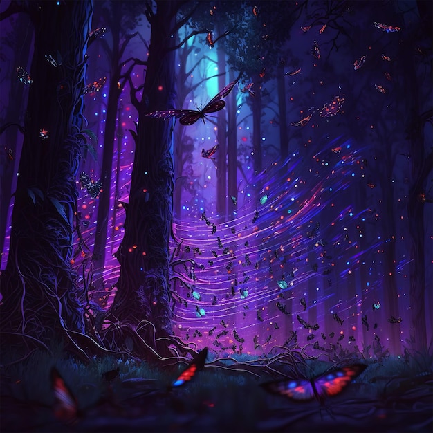 A purple forest with a butterfly flying in the sky