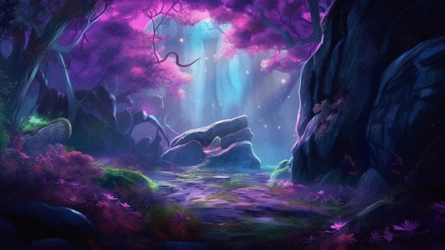 A purple forest with a path and a tree with a light beam.