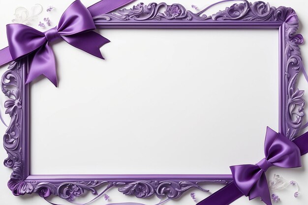 Photo purple frame on a white background without the bottom border of a satin ribbon