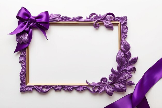 Photo purple frame on a white background without the bottom border of a satin ribbon