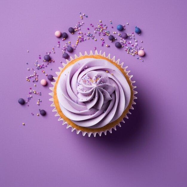 Purple frosted cupcake with sprinkles and sprinkles on a purple surface generative ai