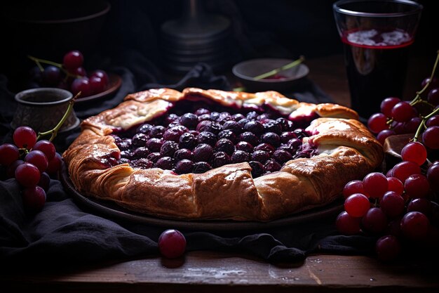 Photo purple fruit galette with a rustic folded crust and fruit filling