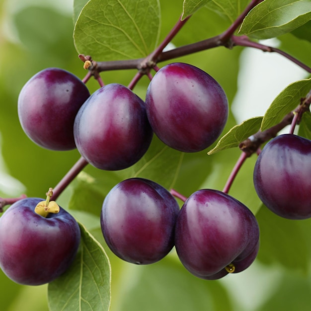 Purple fruit on a tree with green leaves