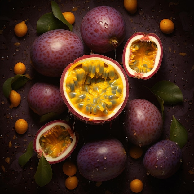 A purple fruit with yellow fruit on top of it