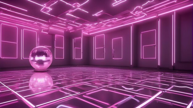 Photo purple futuristic room with disco ball 3d rendering