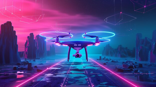 Purple futuristic spaceships and drones flying over a city at night