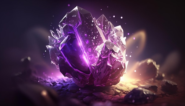 A purple gem sits on rocks in the dark.