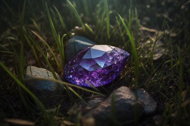 A purple gemstone sits on the ground in the grass.