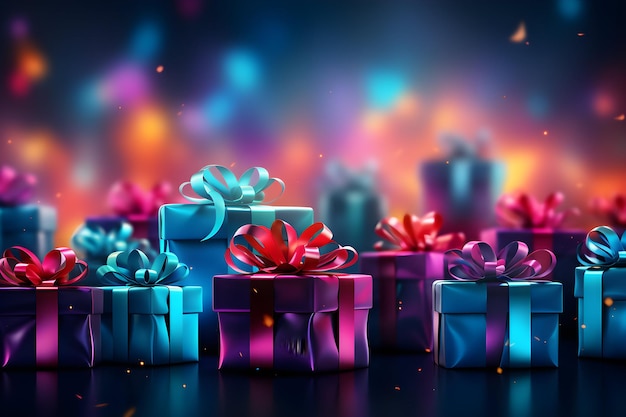 purple gift 3D boxes with purple ribbon with gradient background